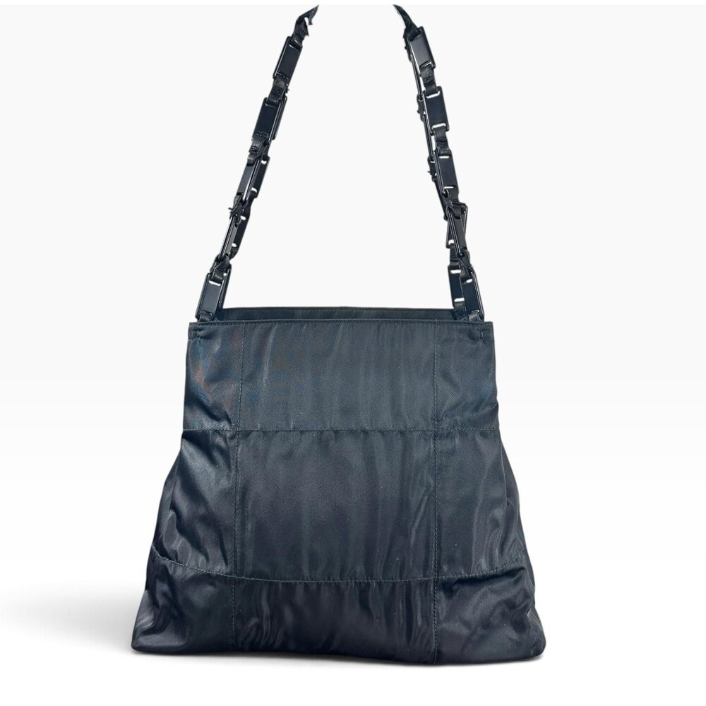 Prada Tessuto Nylon Shoulder Bag Medium Black Leather Strap Italy Logo Hardware - Picture 2 of 16